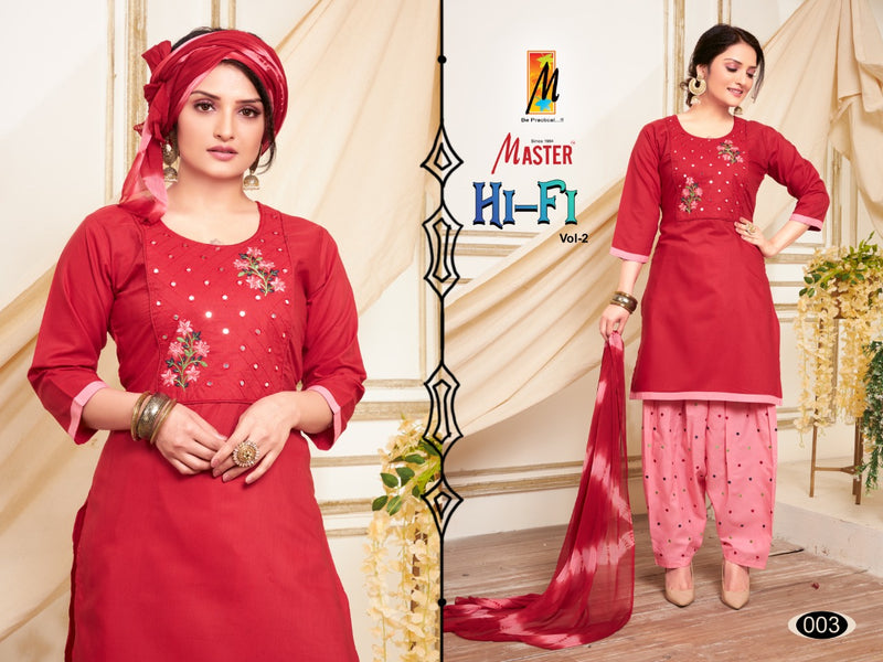 Master Hi Fi Vol 2 Cotton Designer Party Wear Kurtis With Patiyala Style Bottom & Dupatta