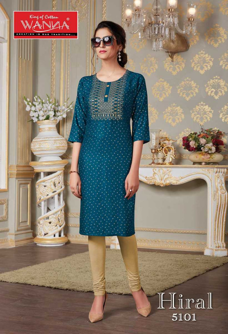 Wanna Hiral Rayon Printed Party Wear Kurtis With Embroidery Work