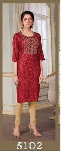 Wanna Hiral Rayon Printed Party Wear Kurtis With Embroidery Work