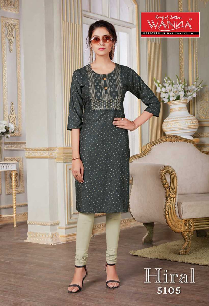 Wanna Hiral Rayon Printed Party Wear Kurtis With Embroidery Work