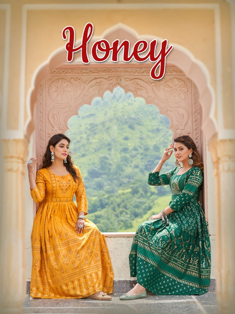 Radhika Honey Vol 1 Rayon With Printed Work Stylish Designer Party Wear Casual Look Long Gown
