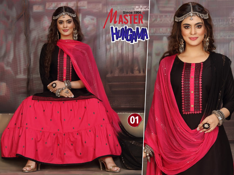 Master Hungama Rayon Fancy Stylish Festive Wear Kurtis With Skirt & Dupatta