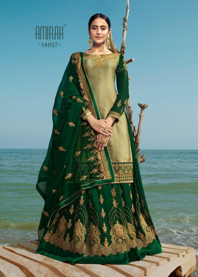 Amirah Husn Satin Georgette Heavy  Designer Wedding Wear Suits With Lehenga Bottom