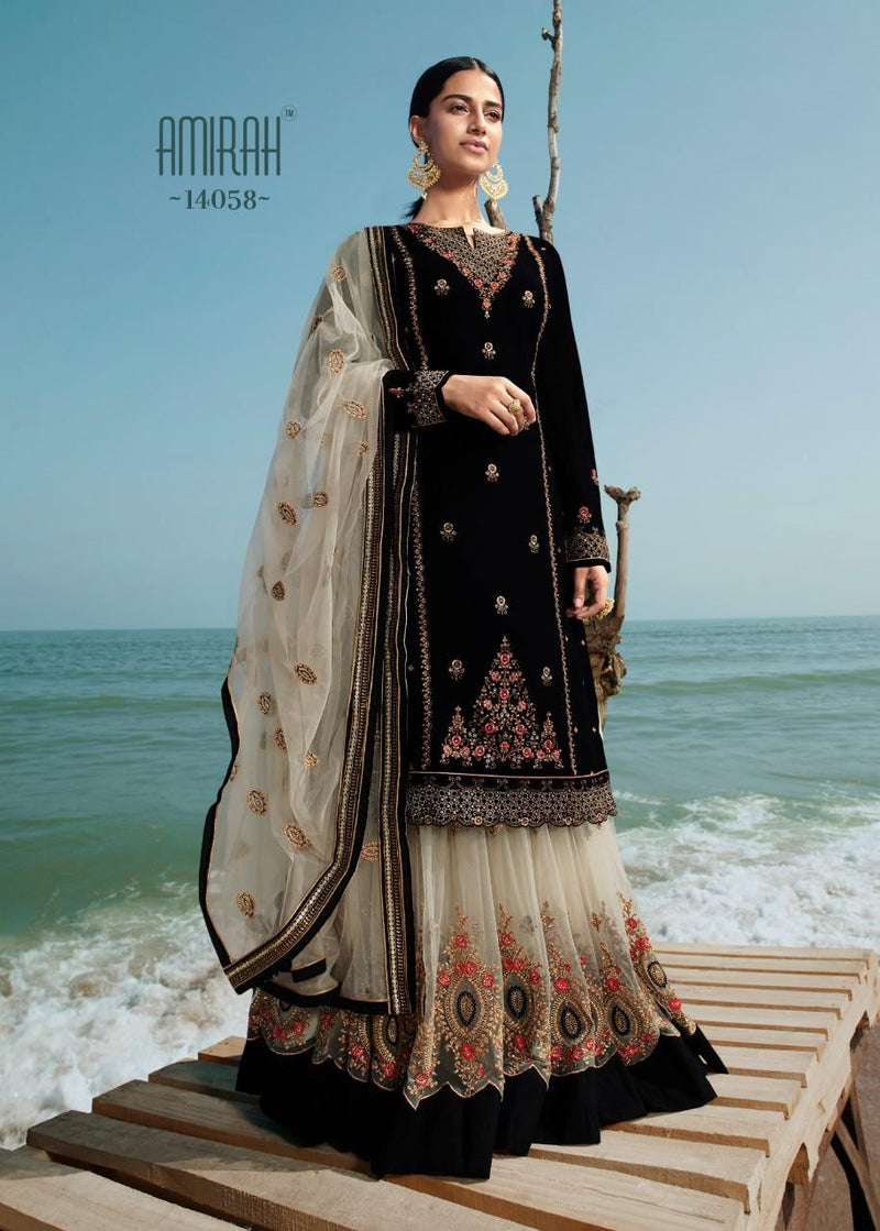 Amirah Husn Satin Georgette Heavy  Designer Wedding Wear Suits With Lehenga Bottom