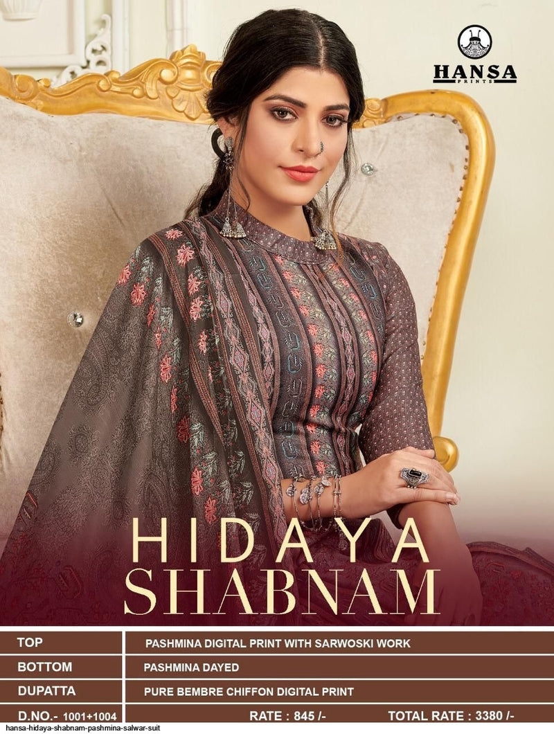 Hansa Presents Hidaya Shabnam Pashmina Digital Print Sarovaski Work Salwar Kameez