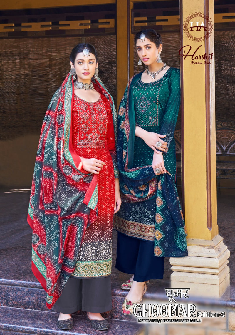 Harshit Fashion Ghoomar Vol 3 Pure Jam Cotton Digital Print With Embroidered Work Suit
