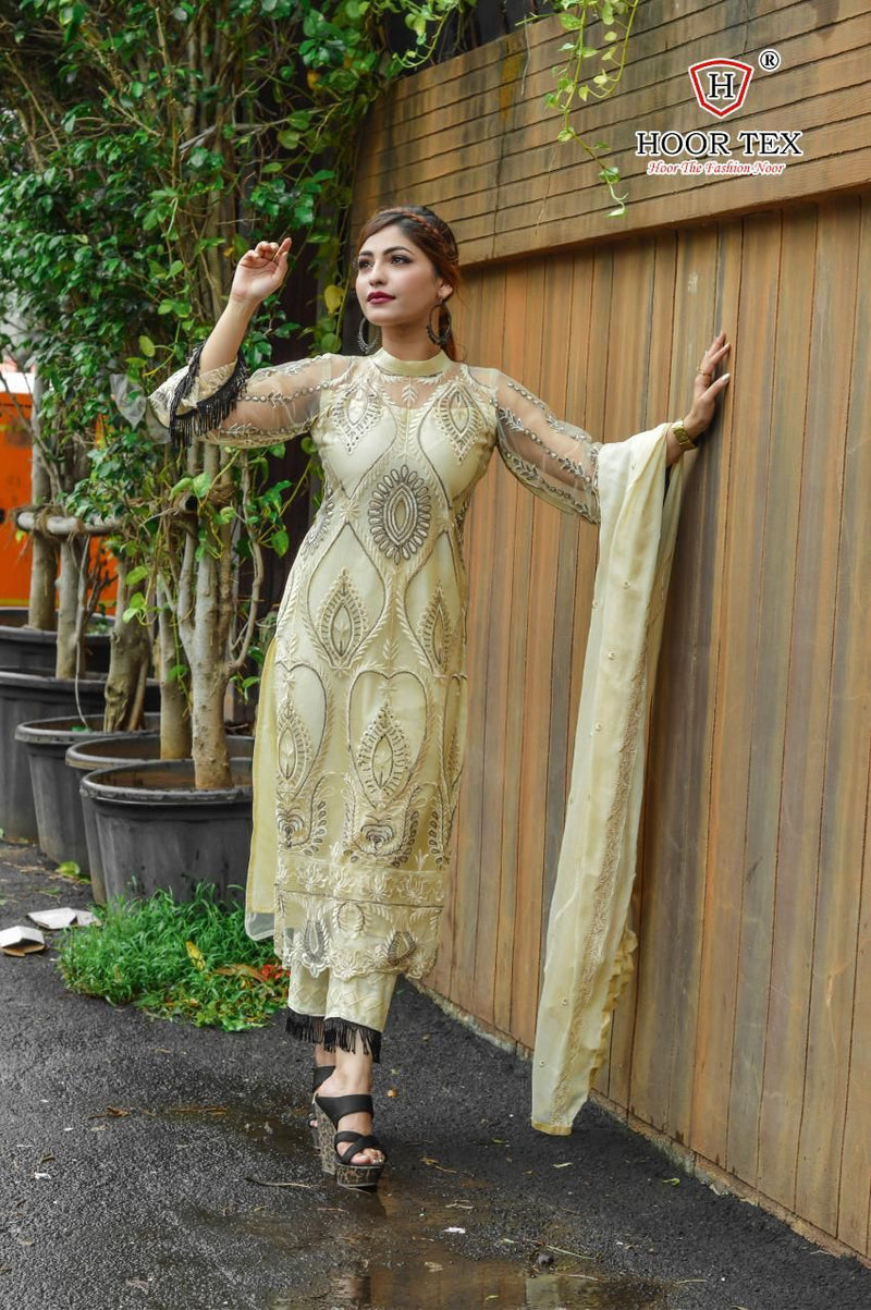 Hoor Tex Nafiya Colour Gold Vol 7 16007 Heavy Net Embroidered Work Pakistani Suit