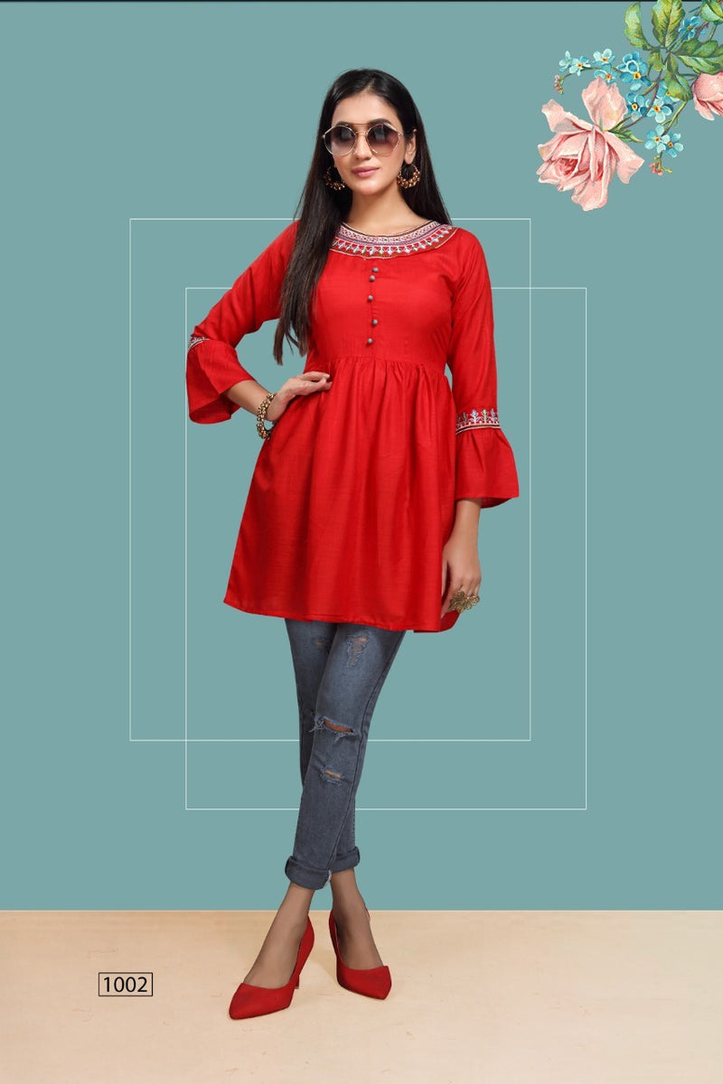 Fly Free Iconic Vol 3 Rayon Embroidery With Flair Fancy Short Kurtis