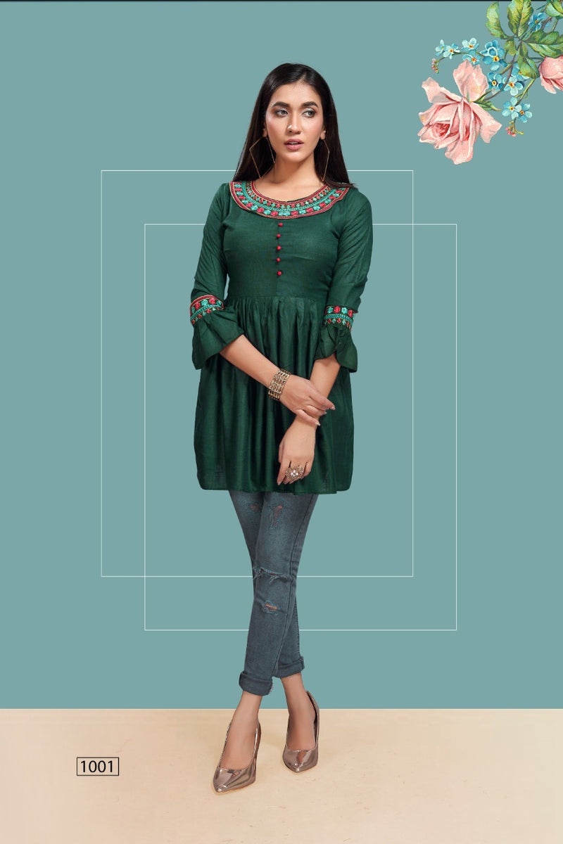 Fly Free Iconic Vol 3 Rayon Embroidery With Flair Fancy Short Kurtis