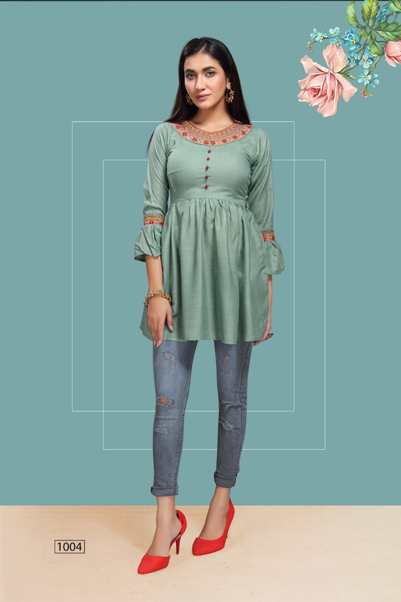 Fly Free Iconic Vol 3 Rayon Embroidery With Flair Fancy Short Kurtis