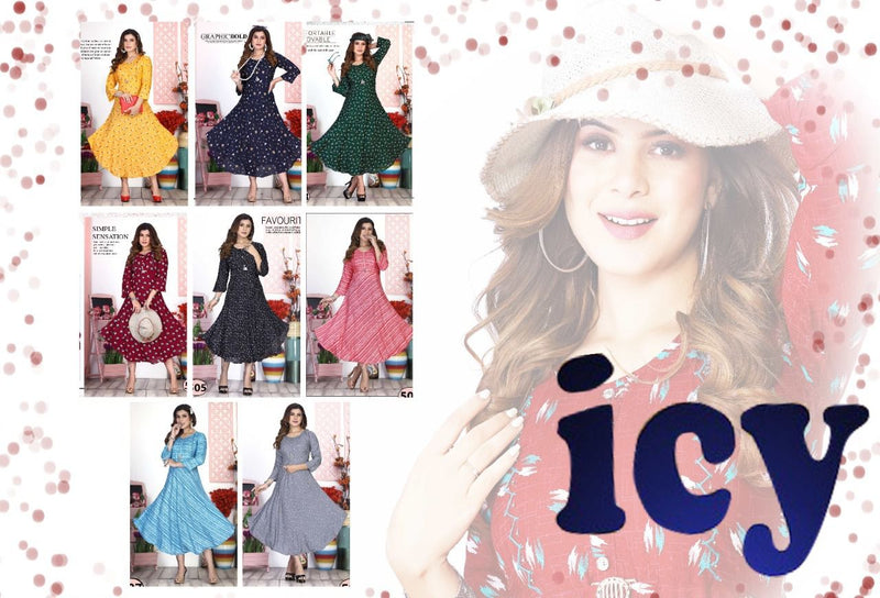 Riyaa Icy Vol 1 Rayon Fancy Printed Frock Style Party Wear Kurtis