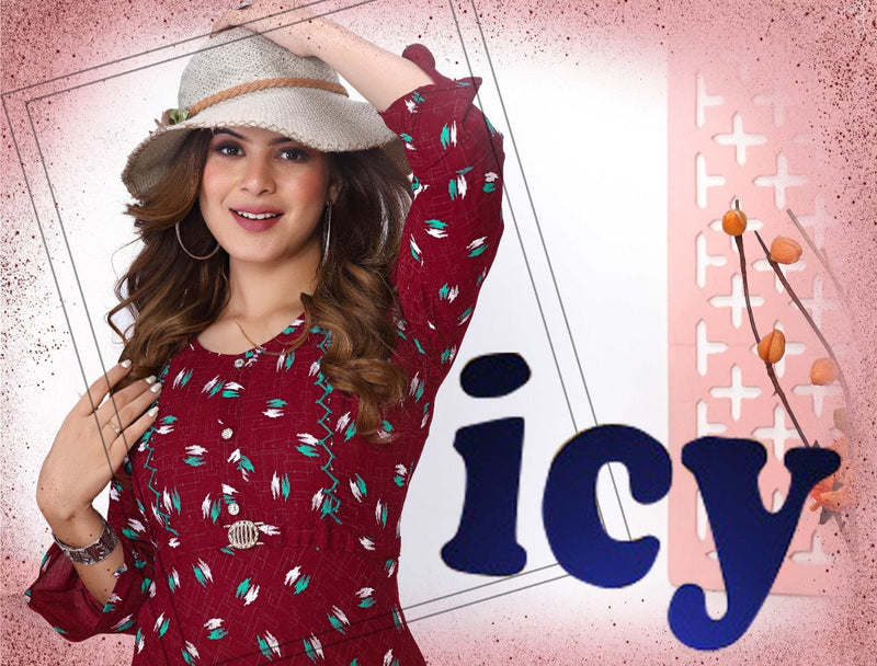 Riyaa Icy Vol 1 Rayon Fancy Printed Frock Style Party Wear Kurtis