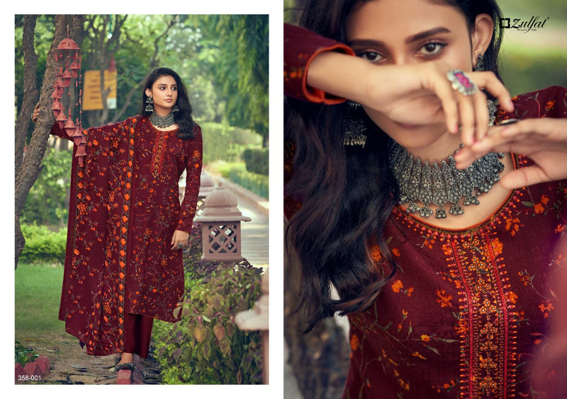 Zulfat Designer Suit Tareefa Pure Pashmina Digital Print Heavy Embroidery Work Salwar Kameez