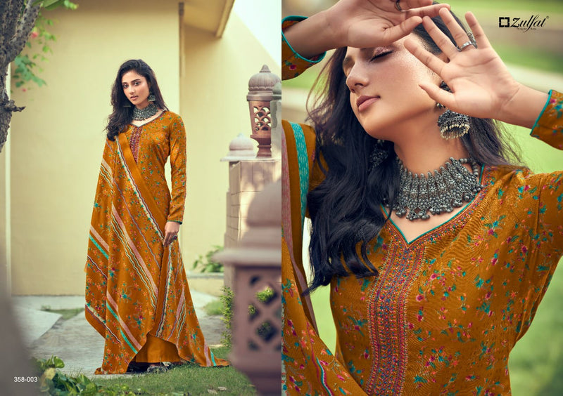 Zulfat Designer Suit Tareefa Pure Pashmina Digital Print Heavy Embroidery Work Salwar Kameez