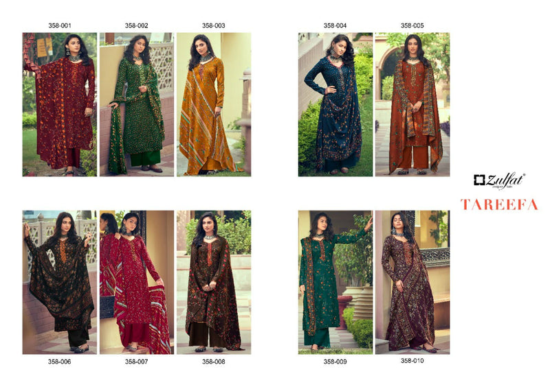 Zulfat Designer Suit Tareefa Pure Pashmina Digital Print Heavy Embroidery Work Salwar Kameez