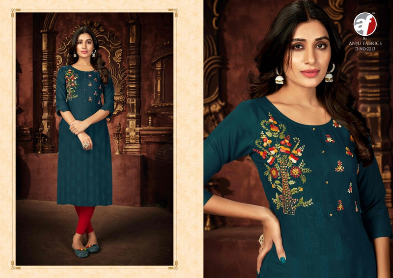 Anju Fabrics Impressive Vol 3 Viscose Rayon Stylish Fancy Designer Party Wear Kurtis With Khata Work