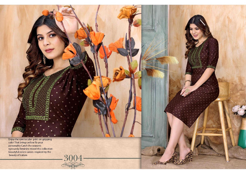 Golden Inayat Rayon Gold Foil Printed Party Wear Kurtis