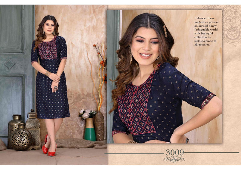 Golden Inayat Rayon Gold Foil Printed Party Wear Kurtis