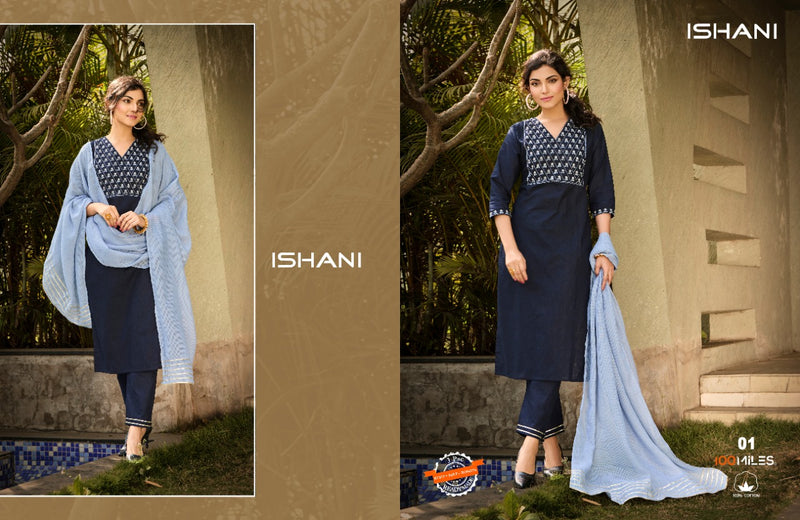 100 Miles Ishani Cotton Fancy Party Wear Embroidered Kurtis With Bottom & Dupatta