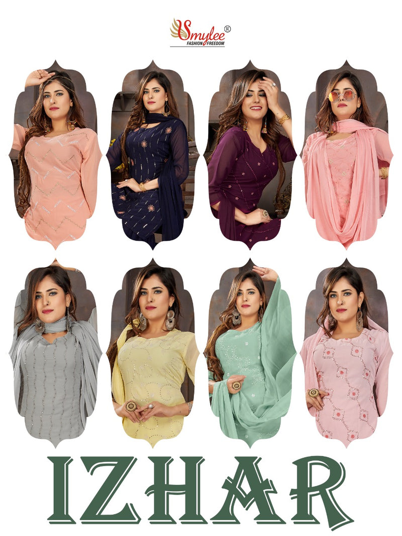 Smylee Fashion Izhaar Chiffon Embroidered Party Wear Kurtis With Sharara Bottom & Dupatta