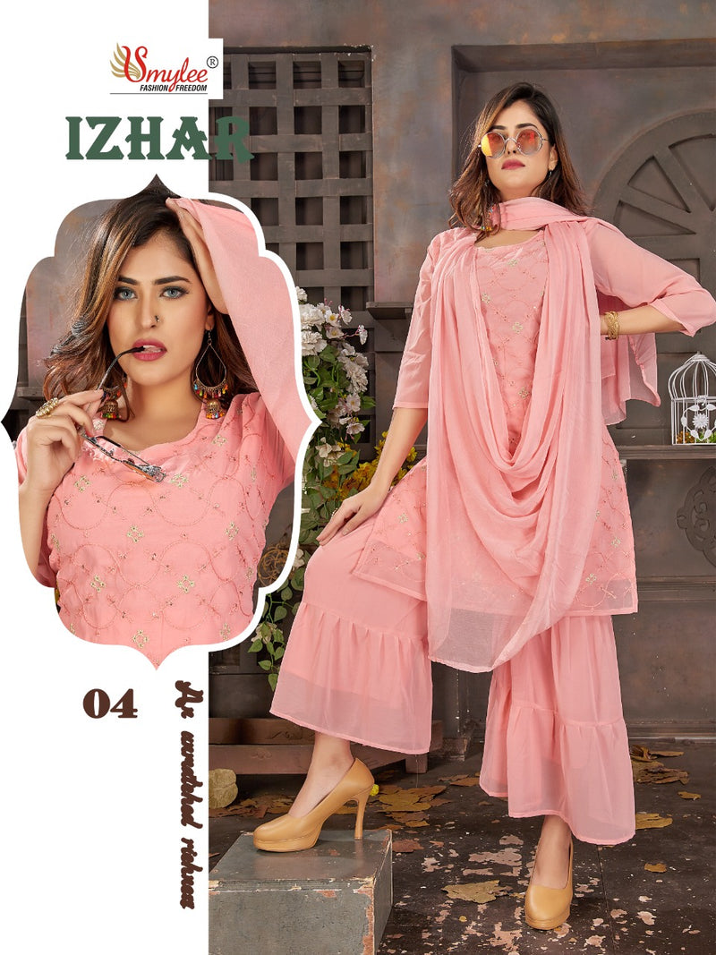 Smylee Fashion Izhaar Chiffon Embroidered Party Wear Kurtis With Sharara Bottom & Dupatta