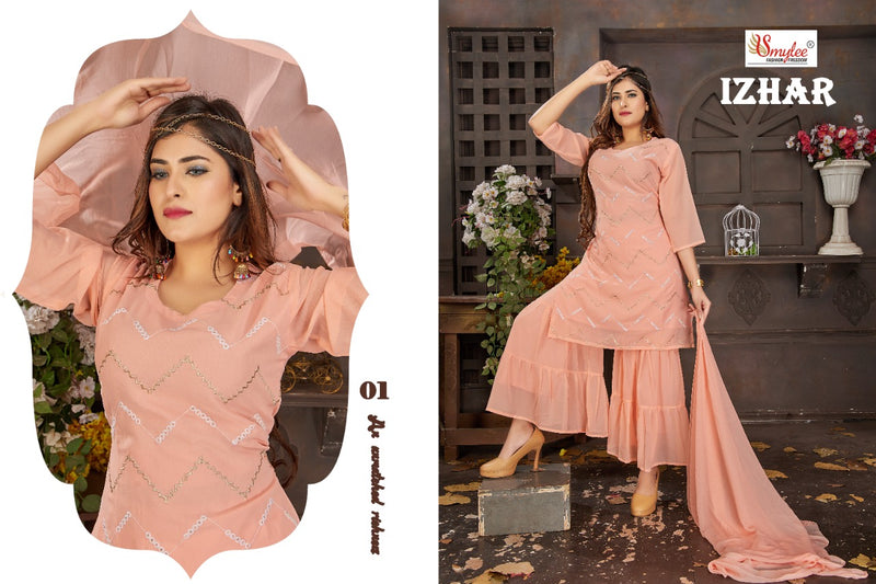 Smylee Fashion Izhaar Chiffon Embroidered Party Wear Kurtis With Sharara Bottom & Dupatta