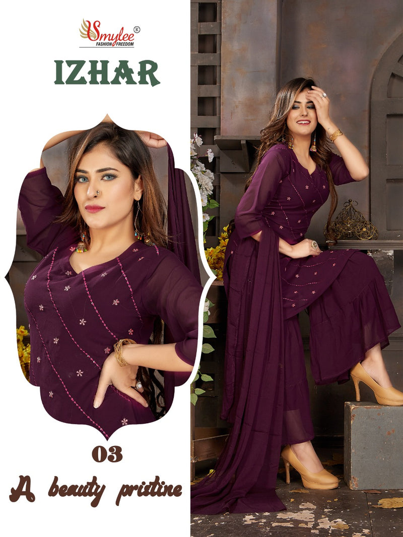 Smylee Fashion Izhaar Chiffon Embroidered Party Wear Kurtis With Sharara Bottom & Dupatta