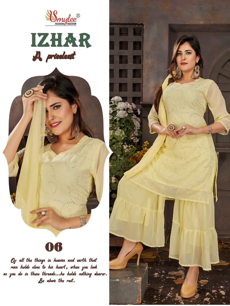 Smylee Fashion Izhaar Chiffon Embroidered Party Wear Kurtis With Sharara Bottom & Dupatta