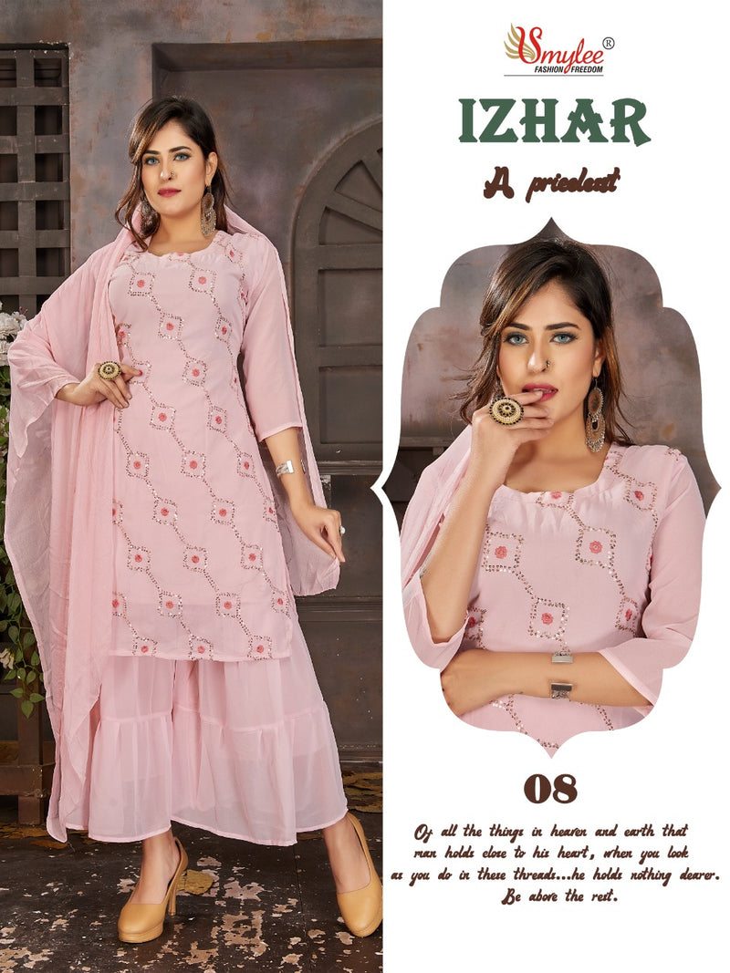 Smylee Fashion Izhaar Chiffon Embroidered Party Wear Kurtis With Sharara Bottom & Dupatta