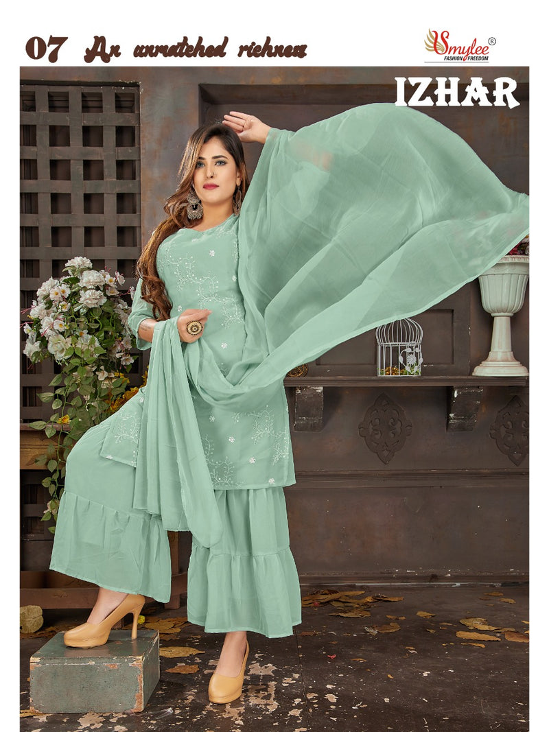 Smylee Fashion Izhaar Chiffon Embroidered Party Wear Kurtis With Sharara Bottom & Dupatta
