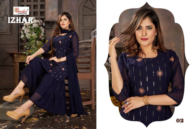 Smylee Fashion Izhaar Chiffon Embroidered Party Wear Kurtis With Sharara Bottom & Dupatta