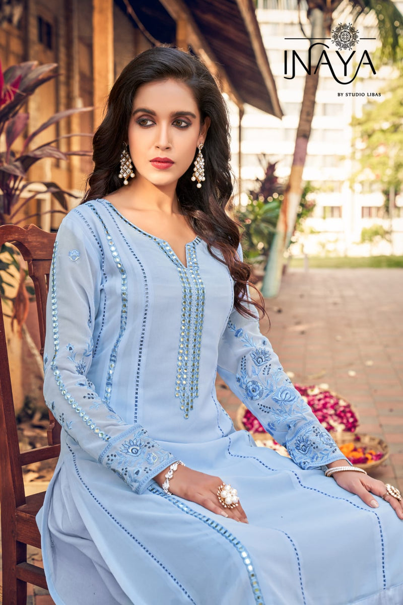 Inaya Libas Studio Launch By Lpc Pure Georgette With Exclusive Mirror Work Readymade Kurti With Bottom