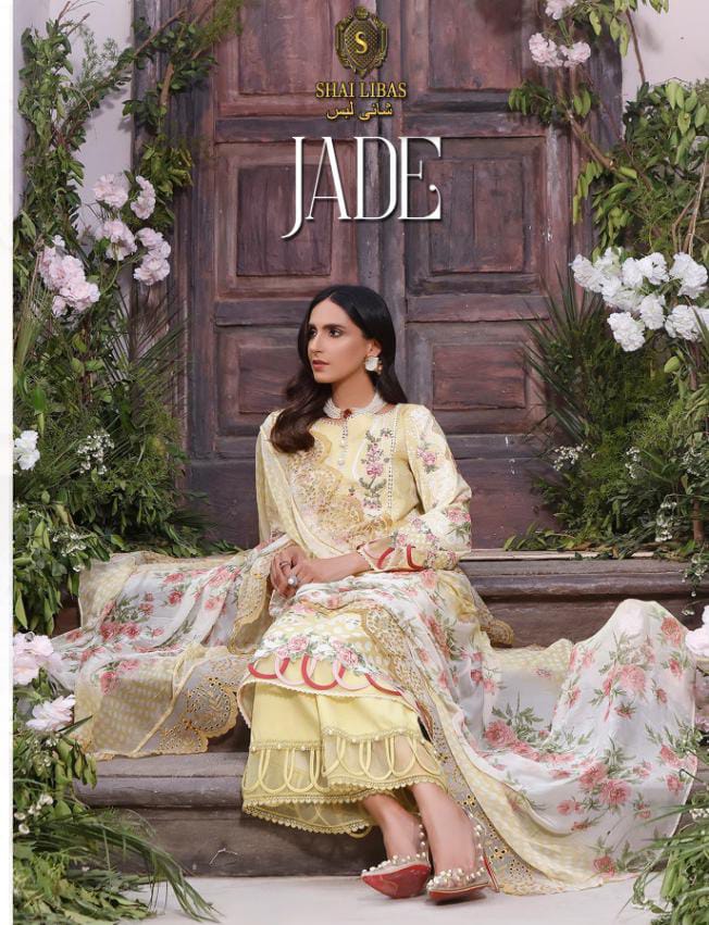 Shai Libaas Jade Luxury Lawn Collection Cambric Cotton Pakistani Style Party Wear Embroidered Salwar Suits