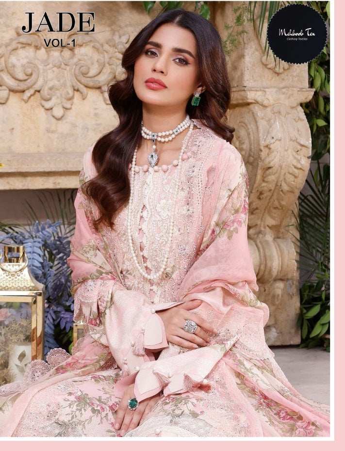 Mehboob Tex Jade Vol 1 Cotton Pakistani Style Party Wear Salwar Suits With Embroidery Patch Work