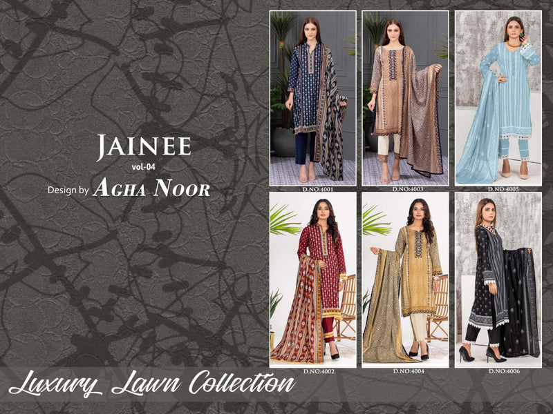 Agha Noor Jainee Vol 4 Luxury Lawn Collection Lawn Cotton Pakistani Style Printed Party Wear Salwar Kameez