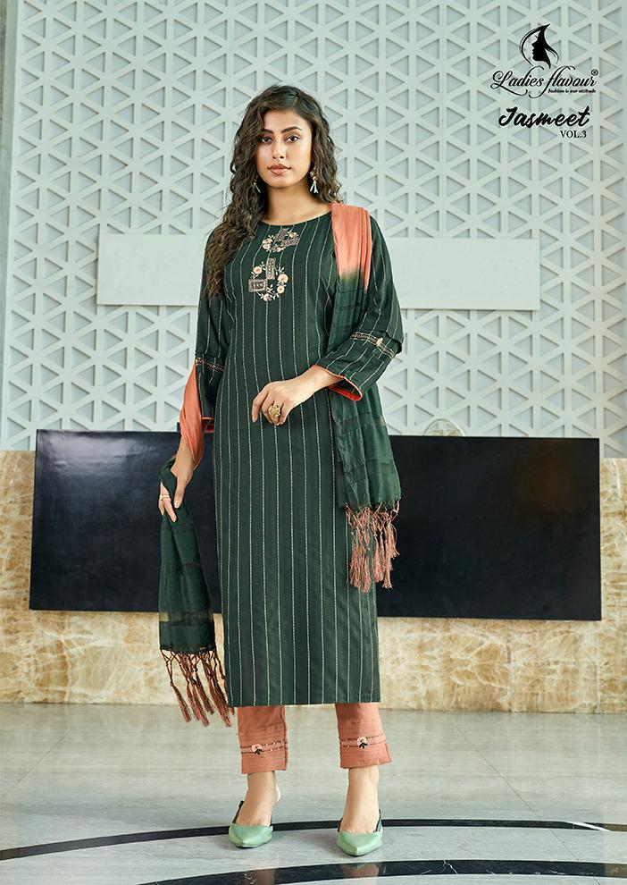 Ladies Flavour Jasmeet Vol 3 Rayon Strips Fancy Kurtis With Embroidery