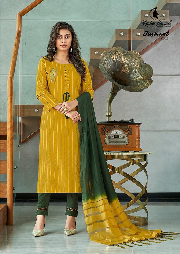 Ladies Flavour Jasmeet Vol 3 Rayon Strips Fancy Kurtis With Embroidery