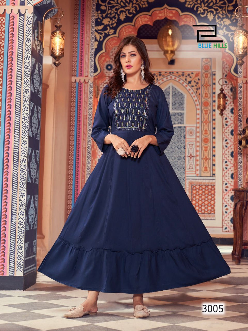 Blue Hills Jasmine Vol 3 Rayon With Heavy Embroidery Work Stylish Designer Casual Wear Long Gown