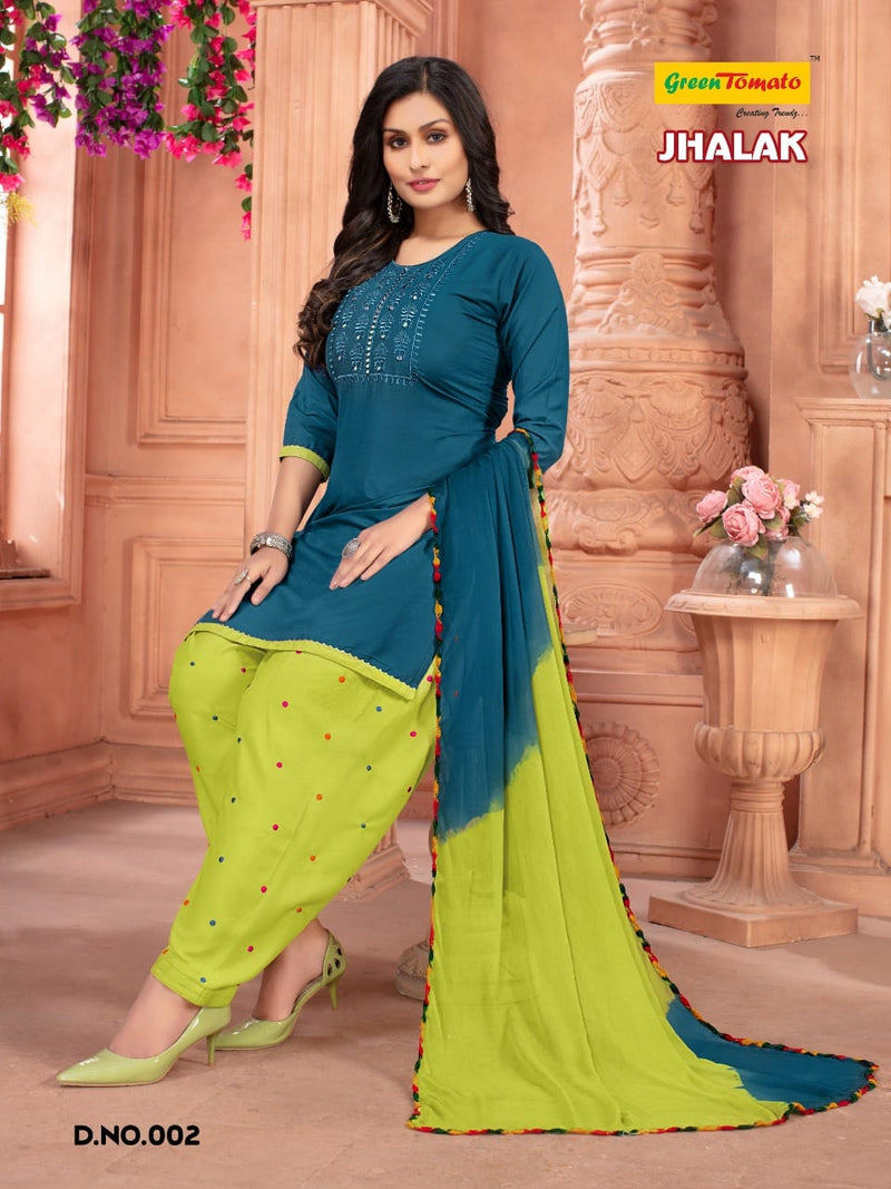 Green Tomato Jhalak Rayon Patiyala Style Ready Made Festive Wear Salwar Suits