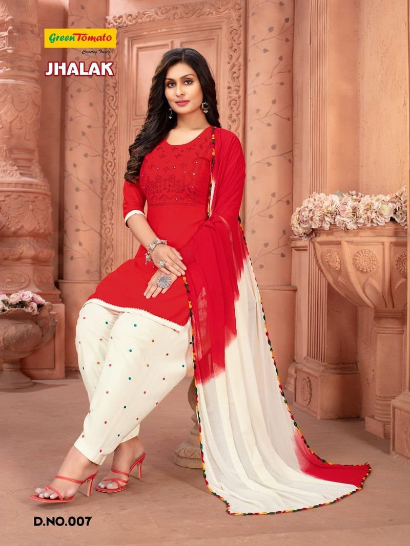 Green Tomato Jhalak Rayon Patiyala Style Ready Made Festive Wear Salwar Suits