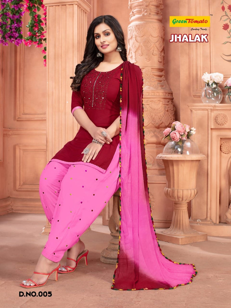 Green Tomato Jhalak Rayon Patiyala Style Ready Made Festive Wear Salwar Suits