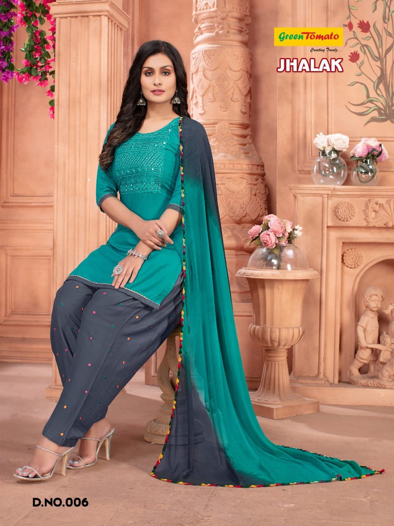 Green Tomato Jhalak Rayon Patiyala Style Ready Made Festive Wear Salwar Suits