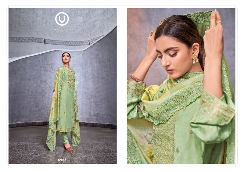 Vivek Fashion Dno 6901 To 6908 Muslin Silk With Heavy Embroidery Work Stylish Designer Party Wear Salwar Suit