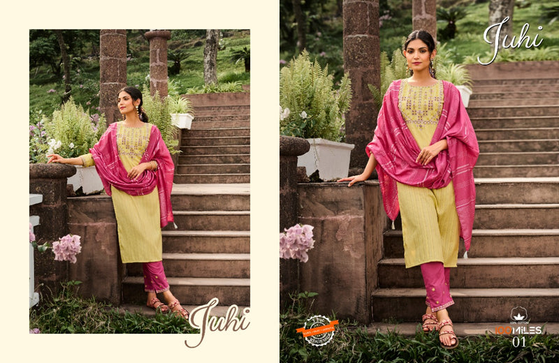 100 Miles Juhi Cotton Embroidered Party Wear Kurtis With Bottom & Dupatta