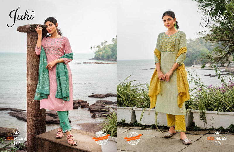 100 Miles Juhi Cotton Embroidered Party Wear Kurtis With Bottom & Dupatta