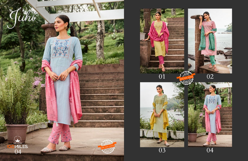 100 Miles Juhi Cotton Embroidered Party Wear Kurtis With Bottom & Dupatta