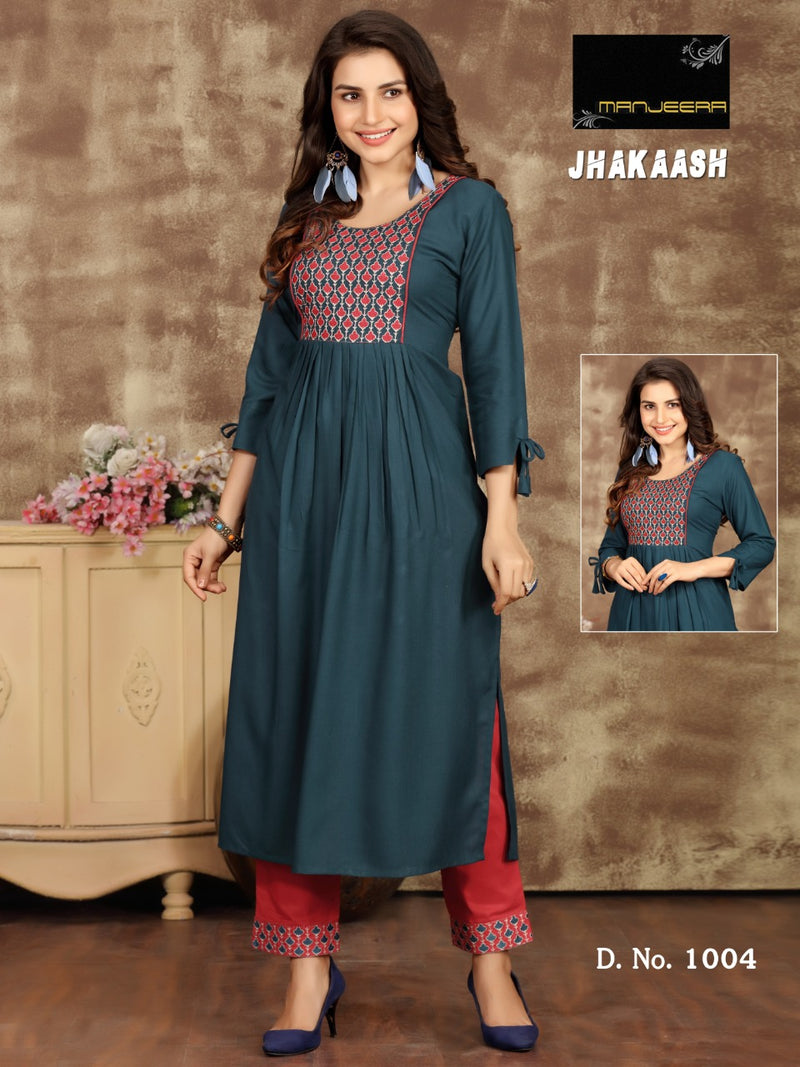 Jhakaash By Manjeera Fashion Rayon With Fancy Embroidery Work Exclusive Frill Type Long Kurtis