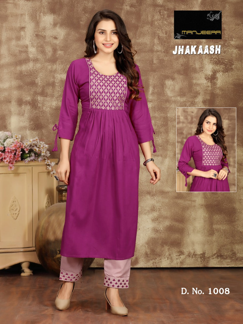 Jhakaash By Manjeera Fashion Rayon With Fancy Embroidery Work Exclusive Frill Type Long Kurtis