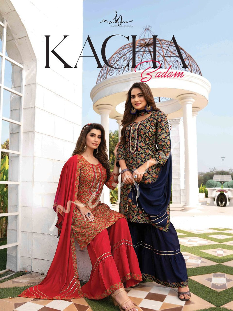 Mayur Kacha Badam Rayon Fancy Printed Party Wear Kurtis With Sharara Bottom & Dupatta