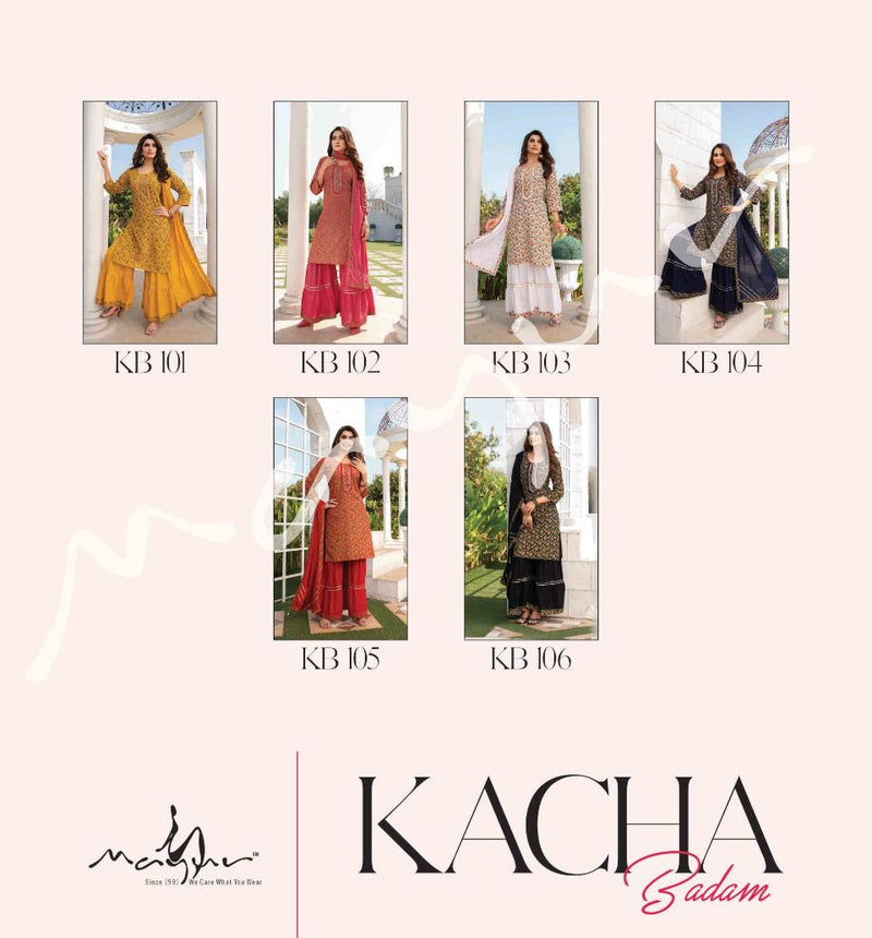 Mayur Kacha Badam Rayon Fancy Printed Party Wear Kurtis With Sharara Bottom & Dupatta